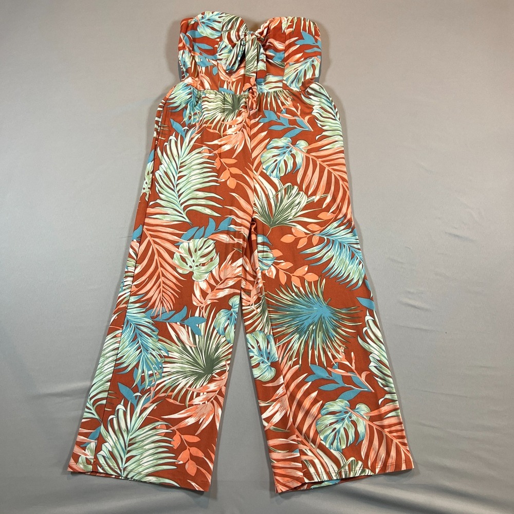 No Boundaries Strapless Tie Front Jumpsuit Women M 7-9 Multicolor Tropical Print